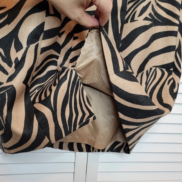 KAY UNGER Sheath Dress Tan Zebra Print Ruffle Neck Cap Sleeve Lined Women's 6 - Picture 6 of 13